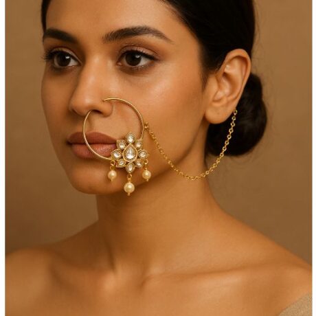 Jodha Akbar Nath - Oversized nath with kundan detailing and side chain