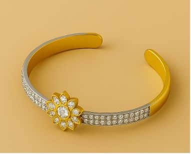 Stone Studded Cuff Bangle- Open cuff bangle with embedded CZ stones and floral detailing.