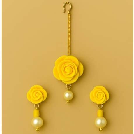 Tikka & Earring Floral Set- Foam rose tikka and earrings for haldi look